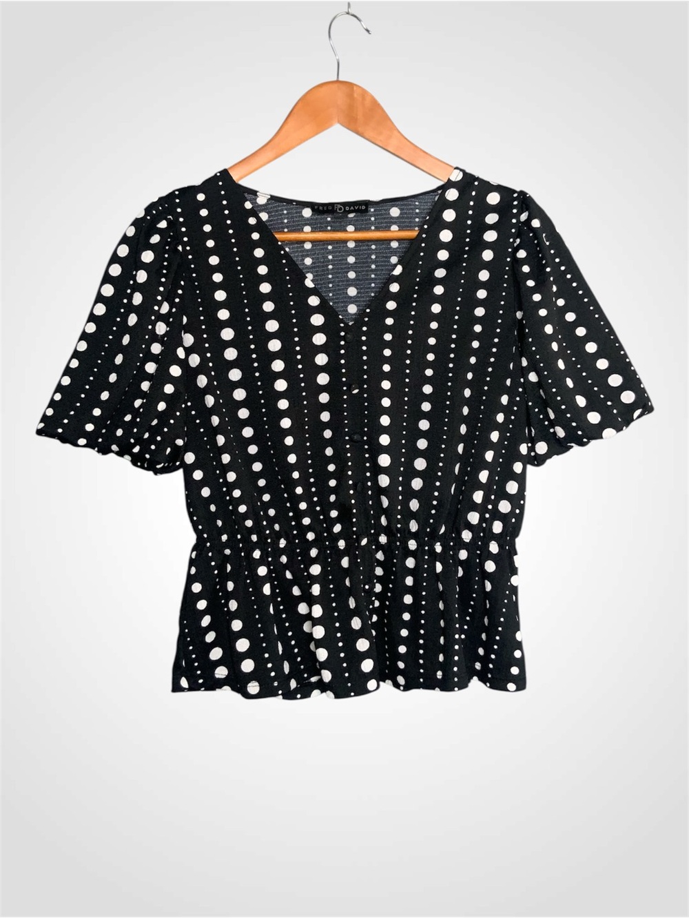 Fred David Black and White Polka Dot V-Neck Peplum Blouse Small